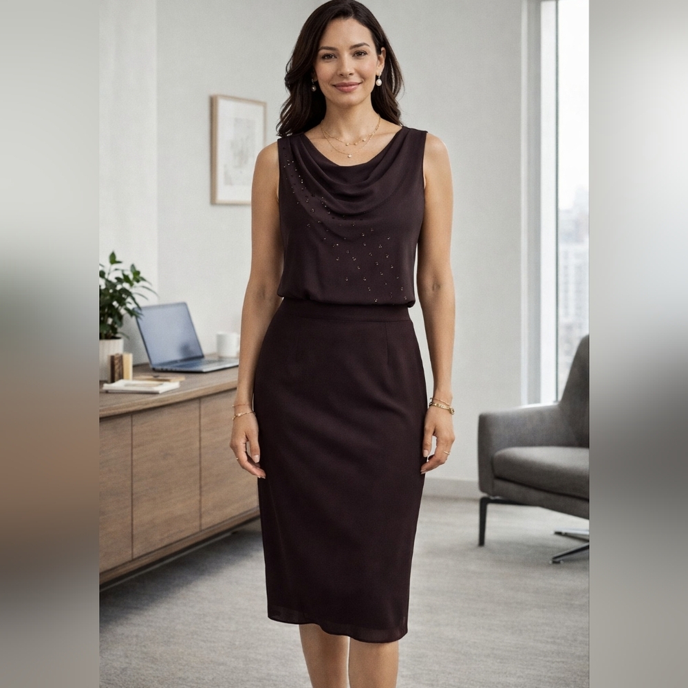 Virgo Dark Brown‎ Embellished Sleeveless Cowl neck Blouse and skirt set y2k